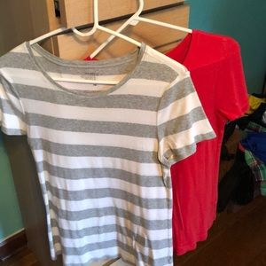 Red t shirt and grey and white stripped t shirt